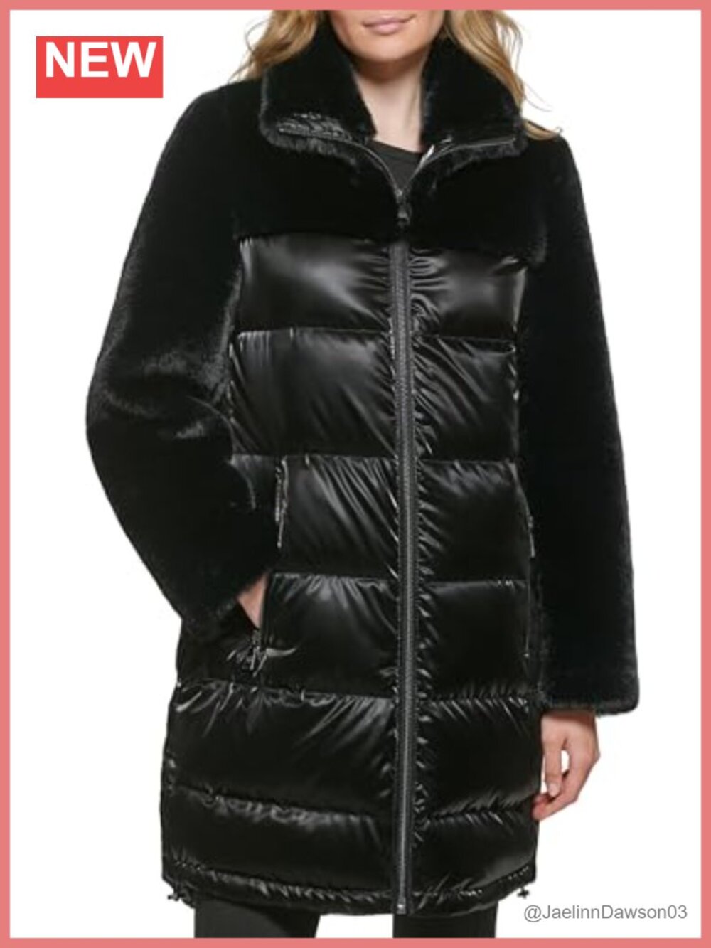 Mixed Media Quilted Puffer Jacket Zip Front Down Filled Long Sleeve